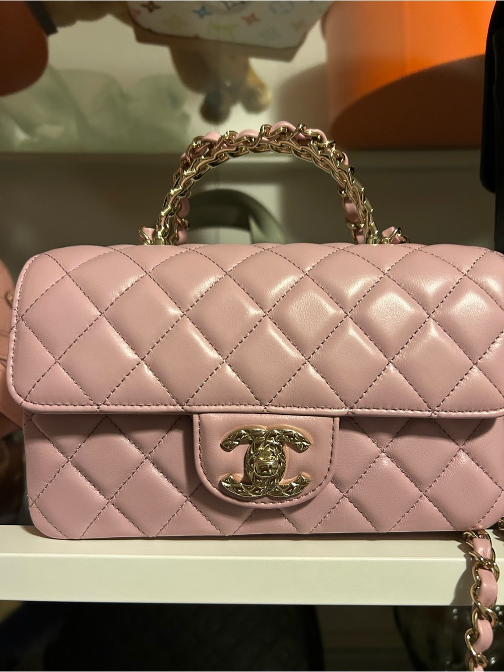 CHANEL Top Handle Bag in Pink with Gold Hardware